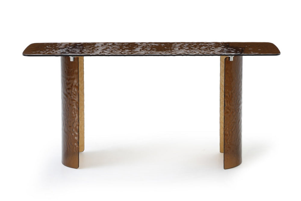 HomeRoots 63 Inch Bronze Finish Glass Top Double Pedestal Entryway Console Sofa Table 722396