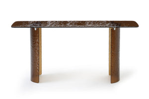 HomeRoots 63 Inch Bronze Finish Glass Top Double Pedestal Entryway Console Sofa Table 722396