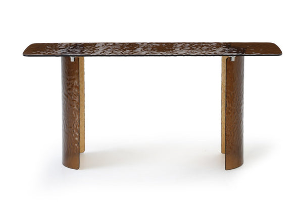 HomeRoots 63 Inch Bronze Finish Glass Top Double Pedestal Entryway Console Sofa Table 722396