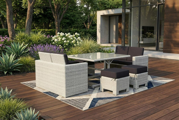 Seven Piece Wicker Patio Dining Set with Cushioned Seating and Outdoor Table