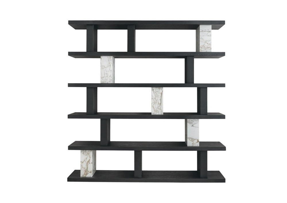 HomeRoots 71 Inch Geometric Five Tier Bookcase in Black White Faux Marble Tall Wood Shelving 722398