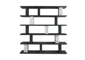 HomeRoots 71 Inch Geometric Five Tier Bookcase in Black White Faux Marble Tall Wood Shelving 722398