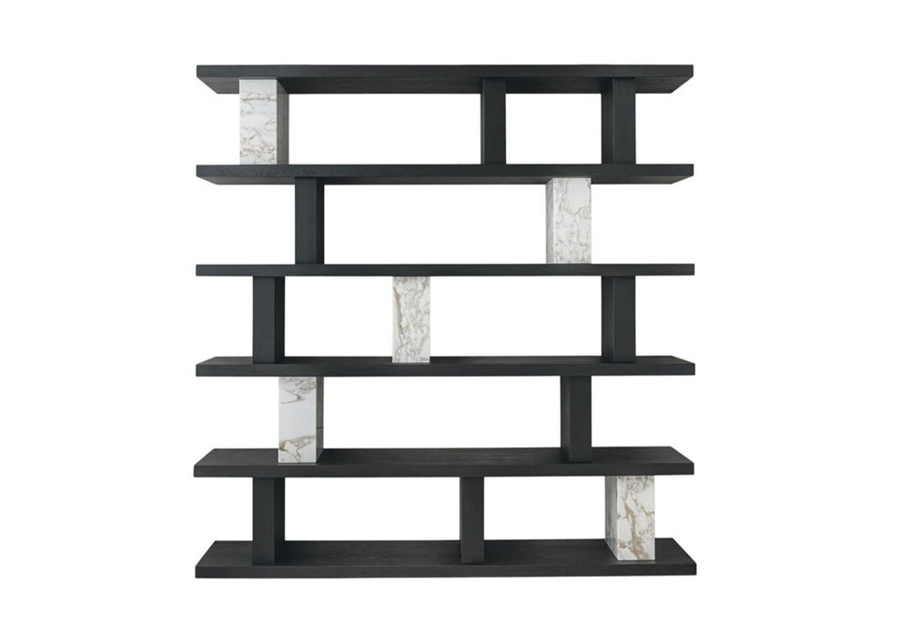 HomeRoots 71 Inch Geometric Five Tier Bookcase in Black White Faux Marble Tall Wood Shelving 722398