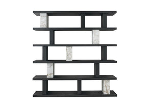 71 Inch Geometric Five Tier Bookcase in Black White Faux Marble Tall Wood Shelving