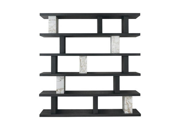 71 Inch Geometric Five Tier Bookcase in Black White Faux Marble Tall Wood Shelving