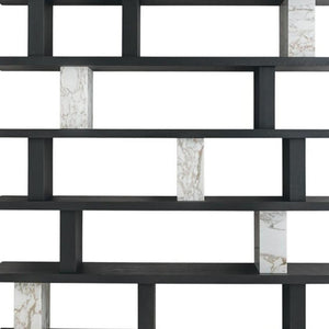 71 Inch Geometric Five Tier Bookcase in Black White Faux Marble Tall Wood Shelving