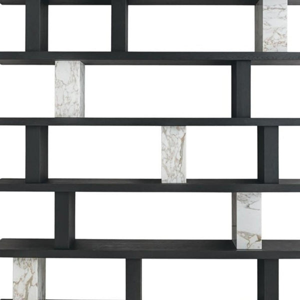 71 Inch Geometric Five Tier Bookcase in Black White Faux Marble Tall Wood Shelving