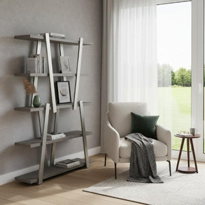 71 Inch Geometric Four Tier Bookcase in Stainless Steel with Gray Wood Shelving