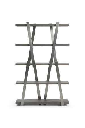 71 Inch Geometric Four Tier Bookcase in Stainless Steel with Gray Wood Shelving