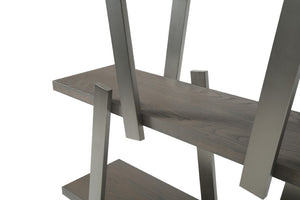 71 Inch Geometric Four Tier Bookcase in Stainless Steel with Gray Wood Shelving