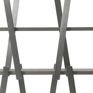 71 Inch Geometric Four Tier Bookcase in Stainless Steel with Gray Wood Shelving