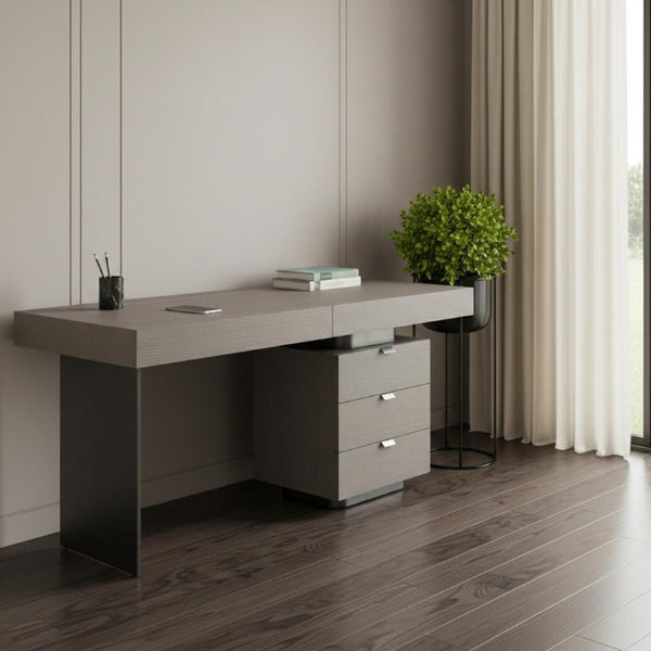 71 Inch Gray Writing Desk with Five Drawers Stainless Steel Frame Home Office