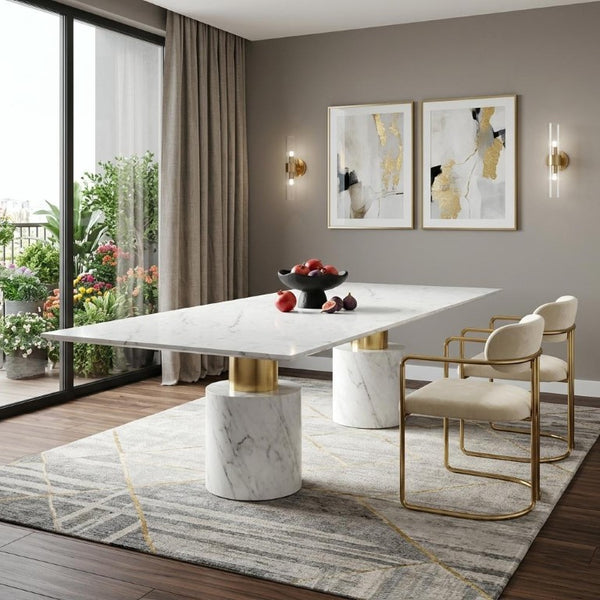 120 Inch Marble Top Dining Table with Gold Stainless Pedestal Base Seats Ten