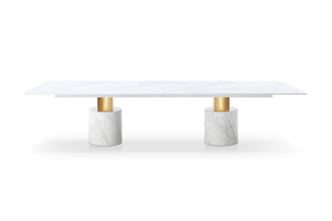HomeRoots 120 Inch Marble Top Dining Table with Gold Stainless Pedestal Base Seats Ten 722443
