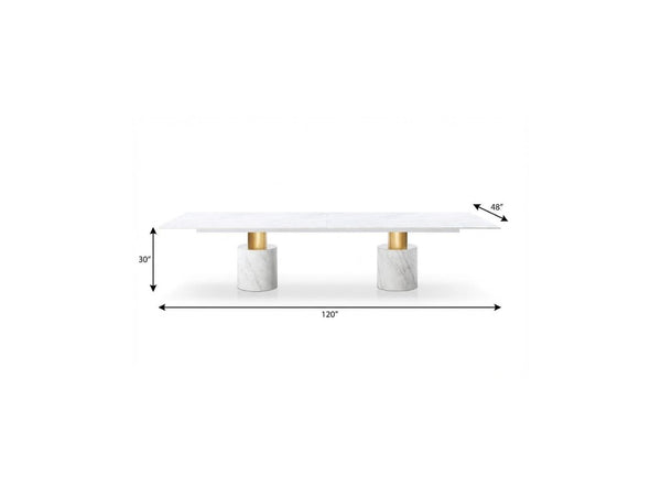 120 Inch Marble Top Dining Table with Gold Stainless Pedestal Base Seats Ten