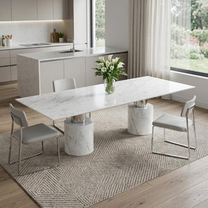 136 Inch Marble Glass Top Dining Table with Stainless Steel Dual Pedestal Base