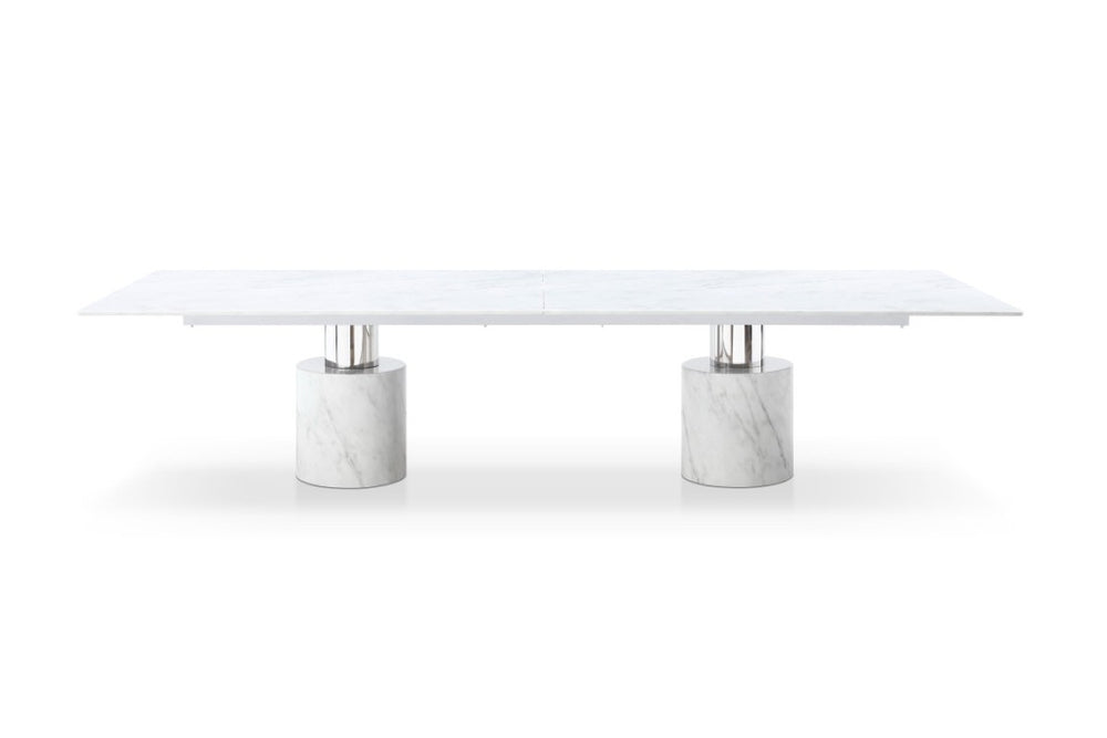 HomeRoots 136 Inch Marble Glass Top Dining Table with Stainless Steel Dual Pedestal Base 722445