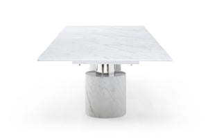 136 Inch Marble Glass Top Dining Table with Stainless Steel Dual Pedestal Base