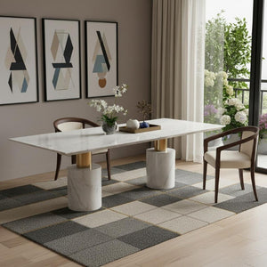 180 Inch Marble Top Steel Double Pedestal Dining Table Elegant Luxury Statement Piece
