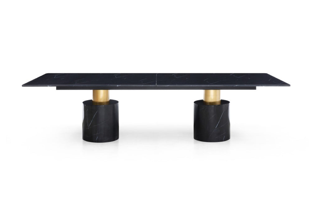 HomeRoots 180 Inch Marble Top Steel Double Pedestal Dining Table Elegant Luxury Statement Piece Black / Gold 722447