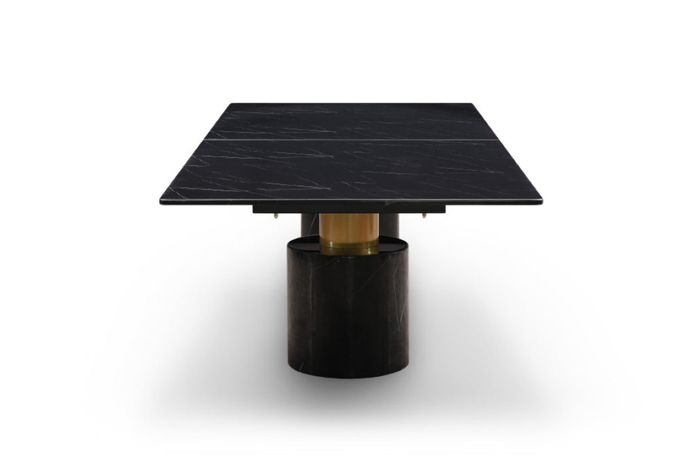 HomeRoots 180 Inch Marble Top Steel Double Pedestal Dining Table Elegant Luxury Statement Piece Black / Gold 722447