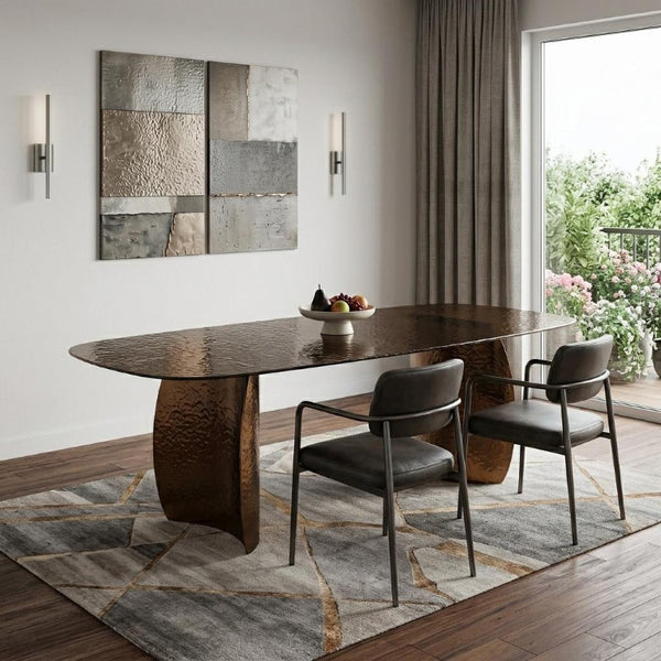 94 Inch Bronze Finish Glass Top Pedestal Dining Table Seats Eight in Grand Style