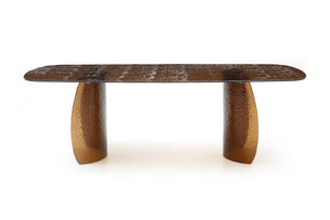 HomeRoots 94 Inch Bronze Finish Glass Top Pedestal Dining Table Seats Eight in Grand Style 722448