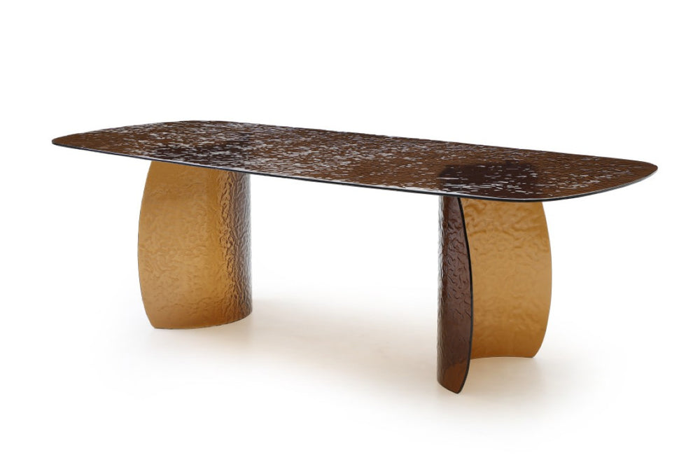 HomeRoots 94 Inch Bronze Finish Glass Top Pedestal Dining Table Seats Eight in Grand Style 722448