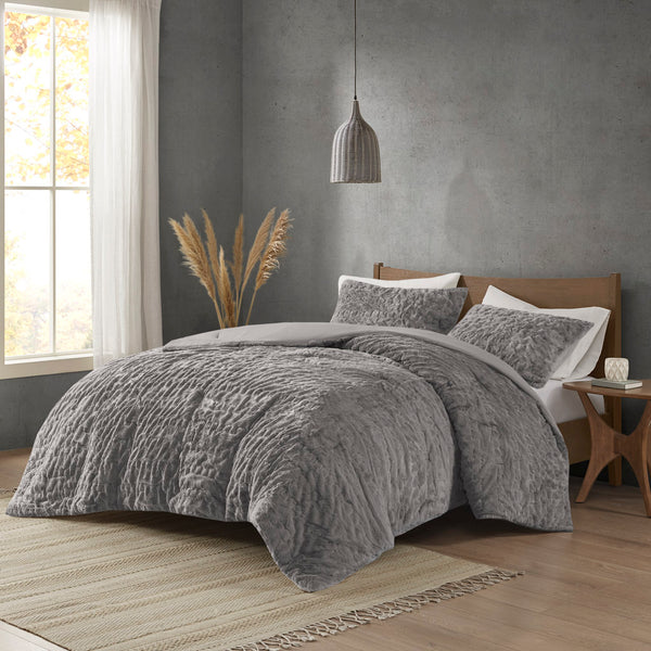JLA Home Madison Park - Ruched Faux Fur Comforter Set with Hypoallergenic Down Alternative, OEKO‑TEX Certified Luxury Touch Grey MP10-8211