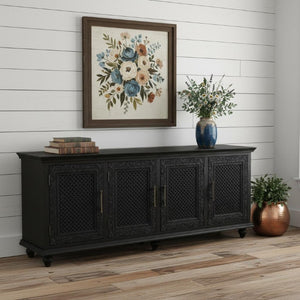 111 Inch Rustic Solid Wood Floral Carved Buffet Six Door Sideboard for Dining Room Storage