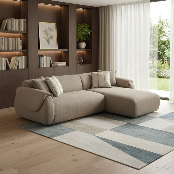 Taupe Boucle Sectional with Chaise Two Piece Living Room Sofa Including Toss Pillows