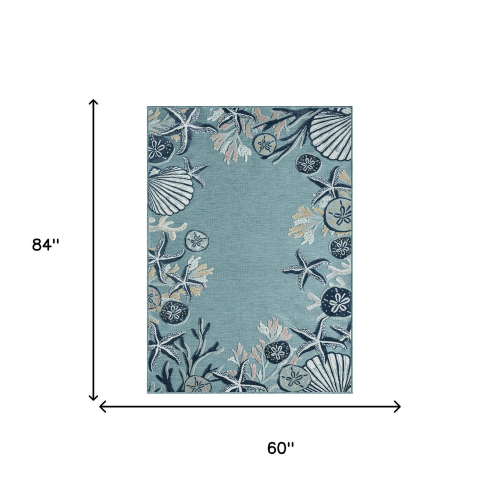 5x7 Coastal Coral Area Rug in Blue Beige Polypropylene for Living Room or Bedroom