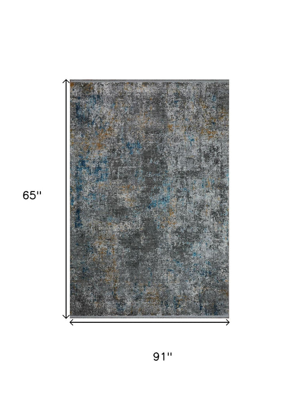 Abstract Distressed Polyester Area Rug with Fringe in Blue Gray Low Pile for Living Room Decor