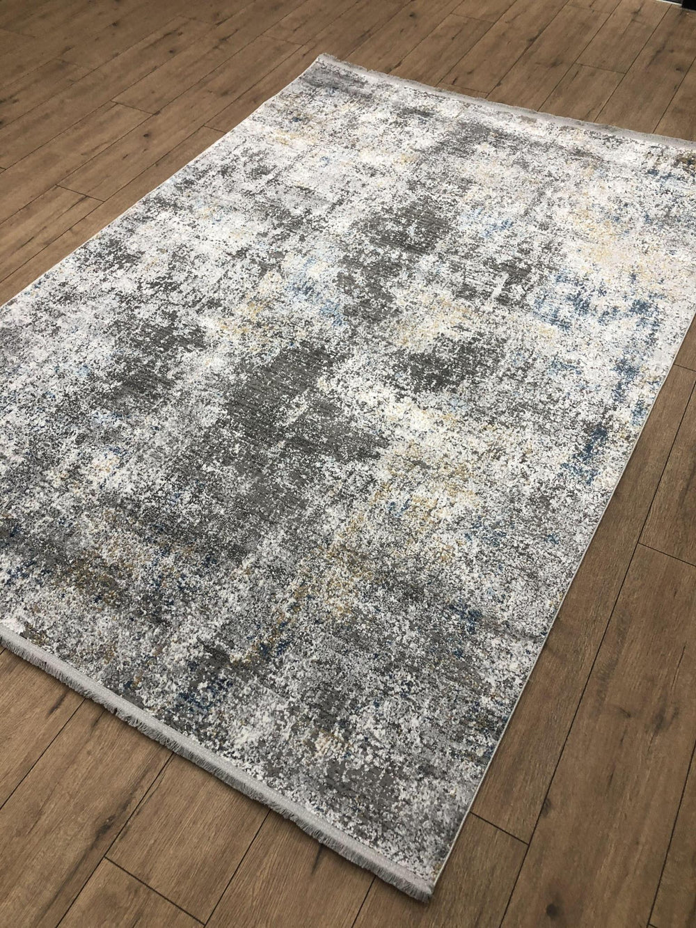 Abstract Distressed Polyester Area Rug with Fringe in Blue Gray Low Pile for Living Room Decor