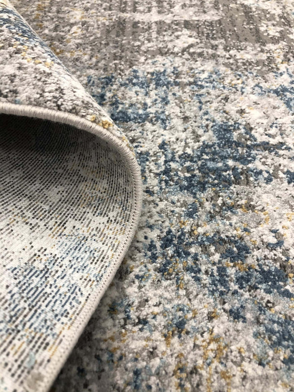 Abstract Distressed Polyester Area Rug with Fringe in Blue Gray Low Pile for Living Room Decor