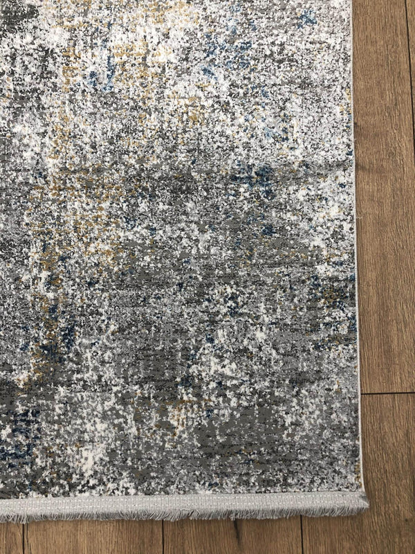 Abstract Distressed Polyester Area Rug with Fringe in Blue Gray Low Pile for Living Room Decor