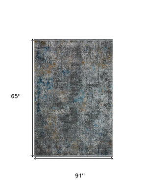Abstract Distressed Polyester Area Rug with Fringe in Blue Gray Low Pile for Living Room Decor