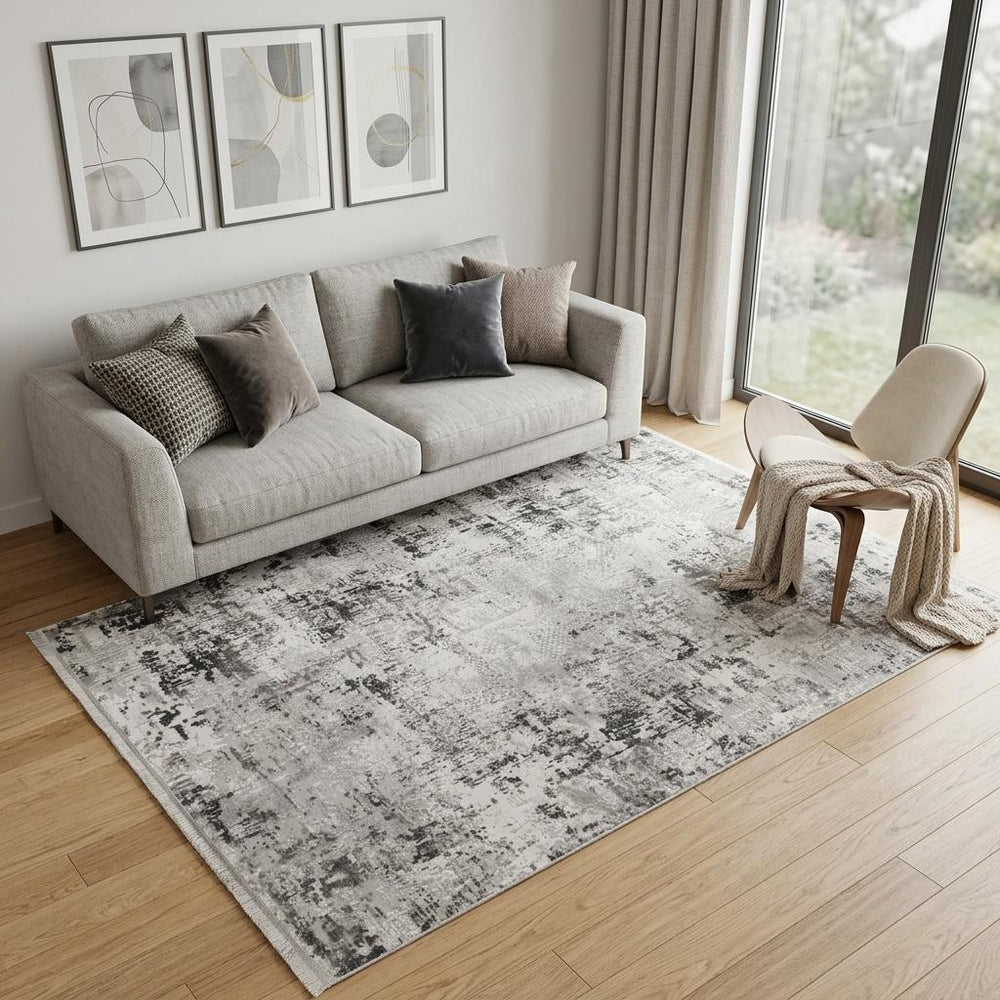 5x8 Gray White Abstract Acrylic Area Rug with Fringe Bohemian Distressed Living Room