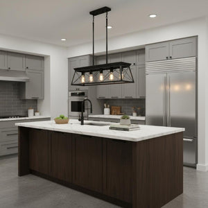 Black Metal Five Bulb Linear Pendant Chandelier for Kitchen Islands and Dining Areas