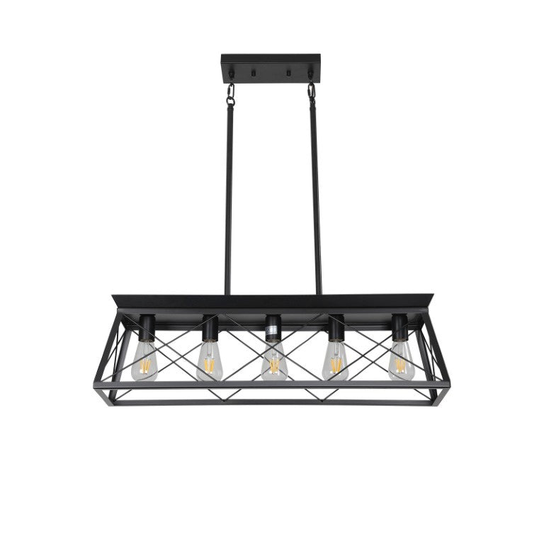 HomeRoots Black Metal Five Bulb Linear Pendant Chandelier for Kitchen Islands and Dining Areas 722519