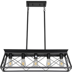 Black Metal Five Bulb Linear Pendant Chandelier for Kitchen Islands and Dining Areas