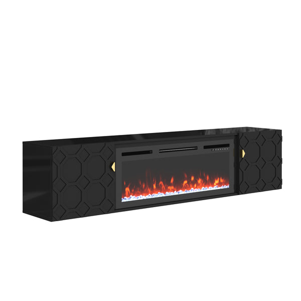 English Elm 67 in. Black Media TV Stand with High Gloss Honeycomb Doors, Gold Handles, Modern Storage Elegance T3609P347458