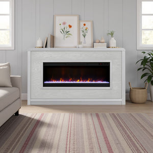 English Elm Haven 92" Fireplace Mantel with 42" Electric Insert, Oak Veneer, Curved Corners, Remote Heat B108P364424
