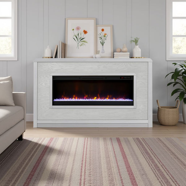 English Elm Haven 92" Fireplace Mantel with 42" Electric Insert, Oak Veneer, Curved Corners, Remote Heat B108P364424