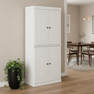 72 Inch Solid Wood Four Door Pantry Cabinet Freestanding White Kitchen Storage Unit