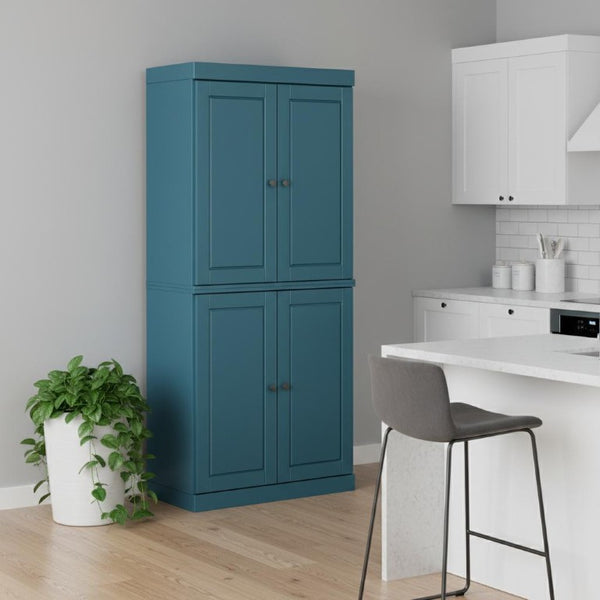 72 Inch Teal Solid Wood Four Door Pantry Cabinet for Kitchen or Hallway Storage