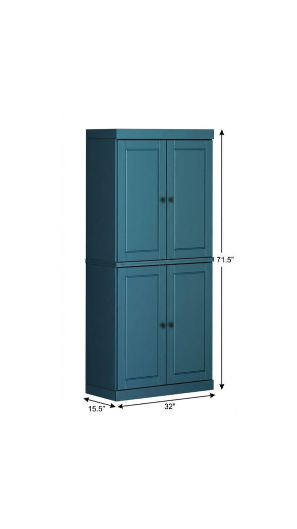 72 Inch Teal Solid Wood Four Door Pantry Cabinet for Kitchen or Hallway Storage