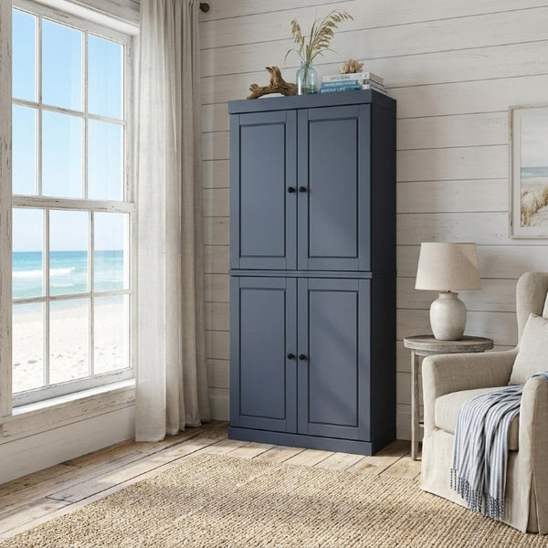 72 Inch Solid Wood Four Door Pantry Cabinet in French Blue for Kitchen or Hallway