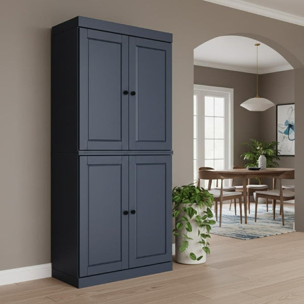 HomeRoots 72 Inch Solid Wood Four Door Pantry Cabinet in French Blue for Kitchen or Hallway 722601