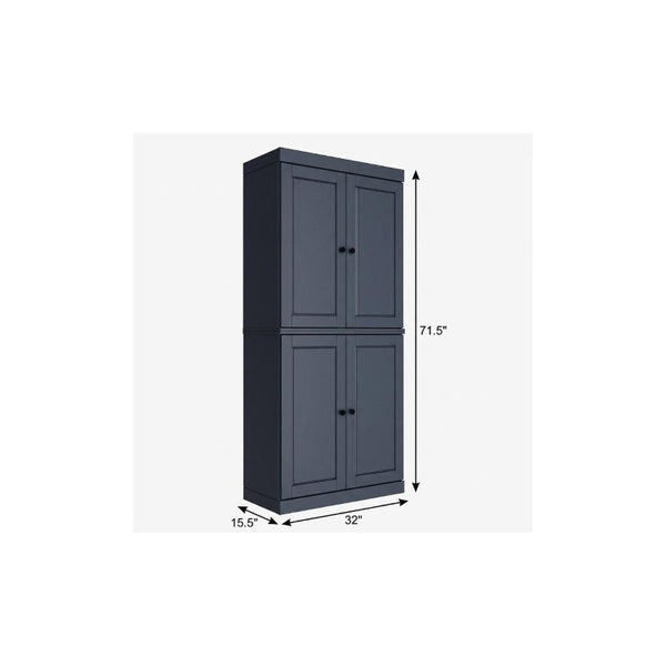 72 Inch Solid Wood Four Door Pantry Cabinet in French Blue for Kitchen or Hallway